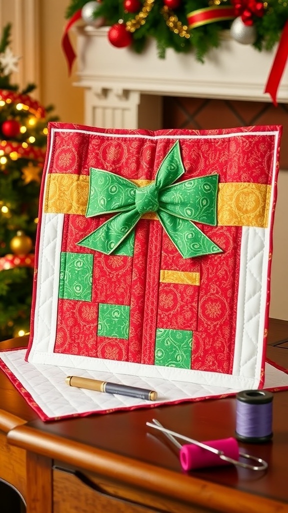 A colorful Christmas gift quilt block with a bow, surrounded by quilting tools on a wooden table.